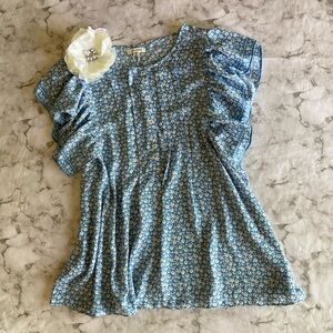 Blue Floral Ruffle Blouse